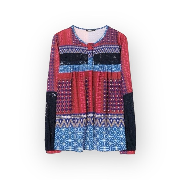 Desigual ๐ Mona Fucsias Boho Lace Sleeve Printed Button Down Shirt ๐ Blue Pink - Picture 13 of 16